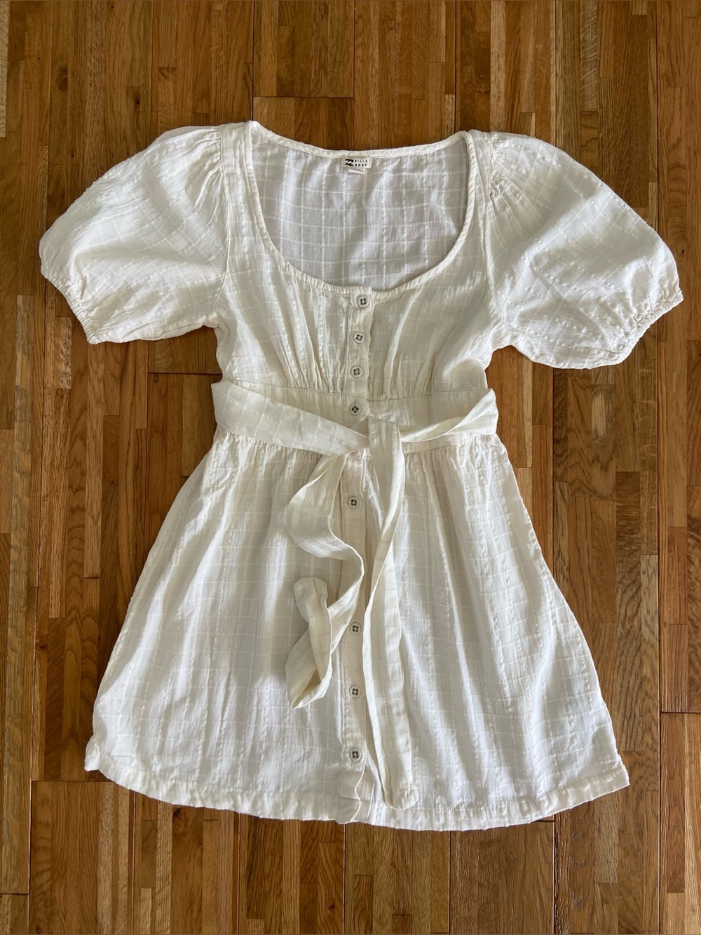 Billabong White Puff Sleeve Button-Front Mini Dress with Tie Waist | Size M